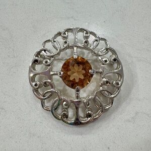 Vintage Silver Tone Filigree Brooch with Amber-Colored Faceted Stone • Signed CJ